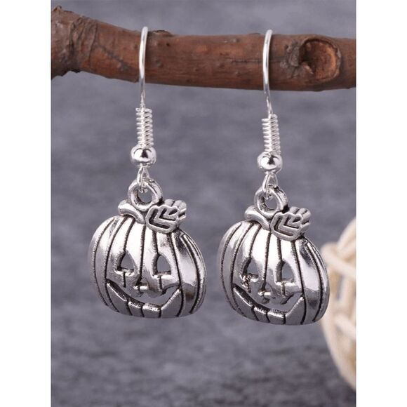 SILVER PUMPKIN JACK-O-LANTERN DANGLE EARRINGS - Picture 1 of 6